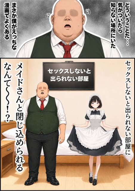 白いエプロンと黒いスカートを着た葵がベッド脇で裾を持ち、隣の男性は緑のベスト姿で動揺している