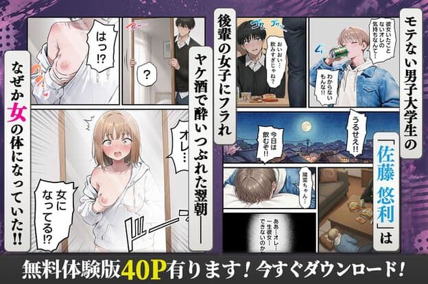 ヤケ酒で眠った佐藤悠利が翌朝に女の体になり、白いパーカー姿で胸を押さえて驚く