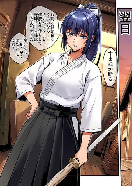 白い道着と黒い袴姿の青髪女性が片手を腰へ置き、もう片方で竹刀を握って正面に立っている