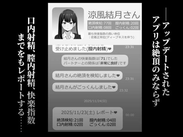 スマホ風の履歴画面に時刻付き通知が並び、口でする回数や射精の記録まで表示される
