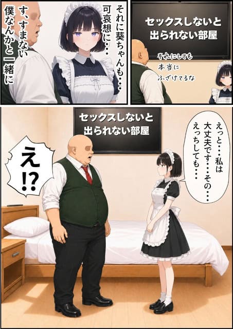 メイド服を着た葵がベッドのそばで両手を揃え、腹の出た男性は腕を下ろして正面から彼女を見ている