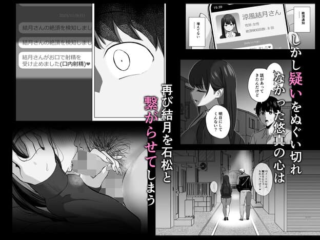 画面左に通知一覧、右にスマホ表示と会話コマを置き、関係の亀裂を追う構成