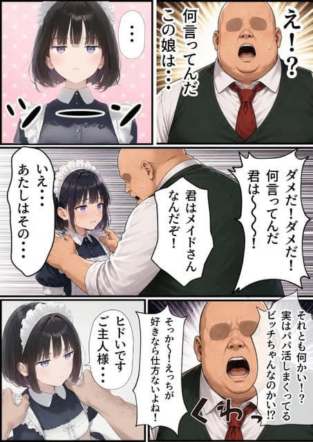 白いシャツ姿の男性が葵の左右の肩へ手を置き、黒いメイド服の葵は顔を赤らめたまま男性と向き合う