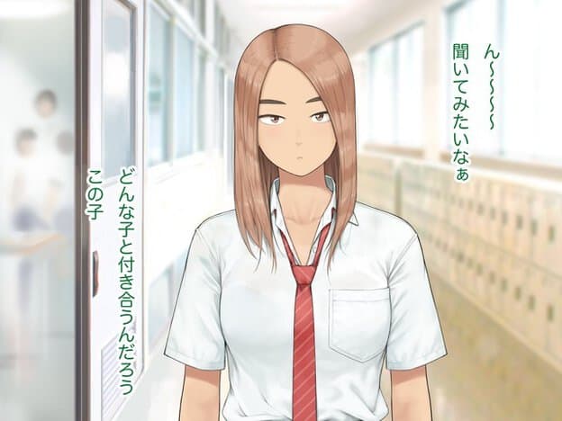 白い半袖シャツと赤いネクタイを着けた女子生徒が、校舎の廊下の中央で腕を下ろして正面を向く