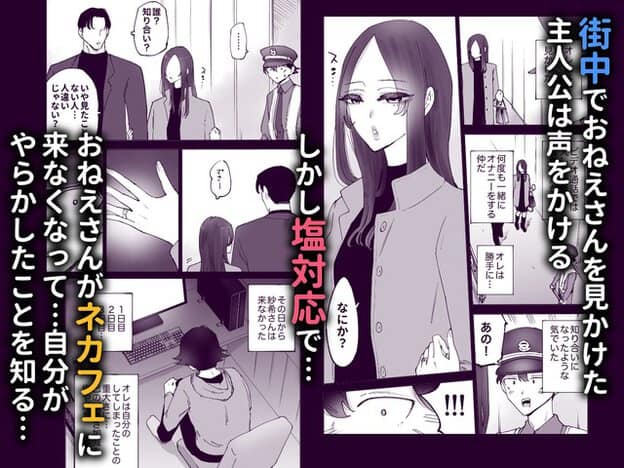 街中でコート姿のおねえさんへ主人公が声をかけるが、彼女は他人のような態度で通り過ぎる