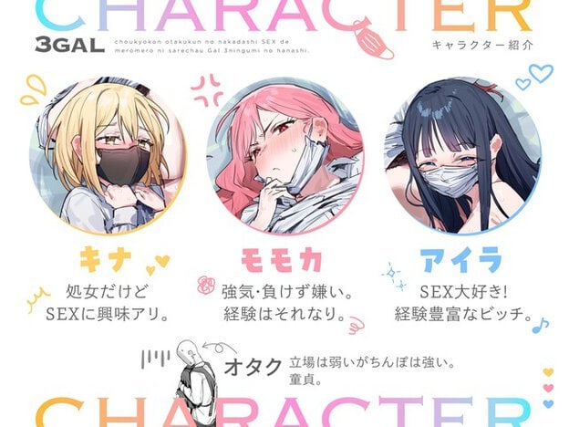 キナ、モモカ、アイラのプロフィールが並び、処女や経験豊富などの説明文が添えられる